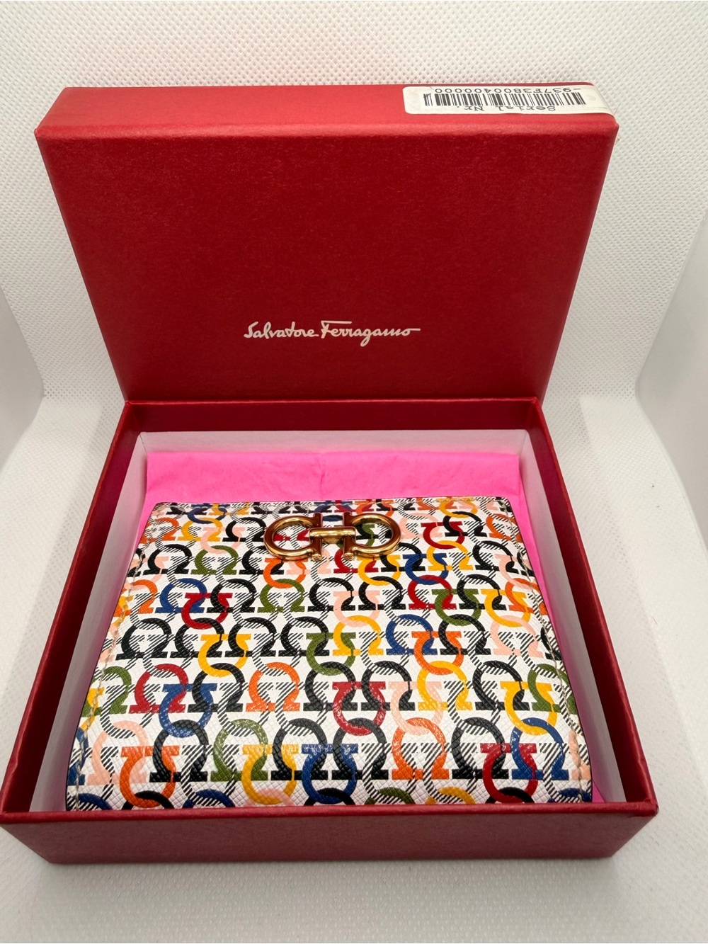 Authentic Salvatore Ferragamo Multicolor Gancini Wallet with Gold Hardware